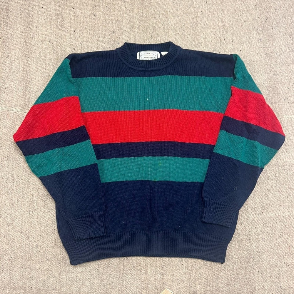 Vintage American Eagle Striped Sweater Mens Large Blue 1990s Cotton
